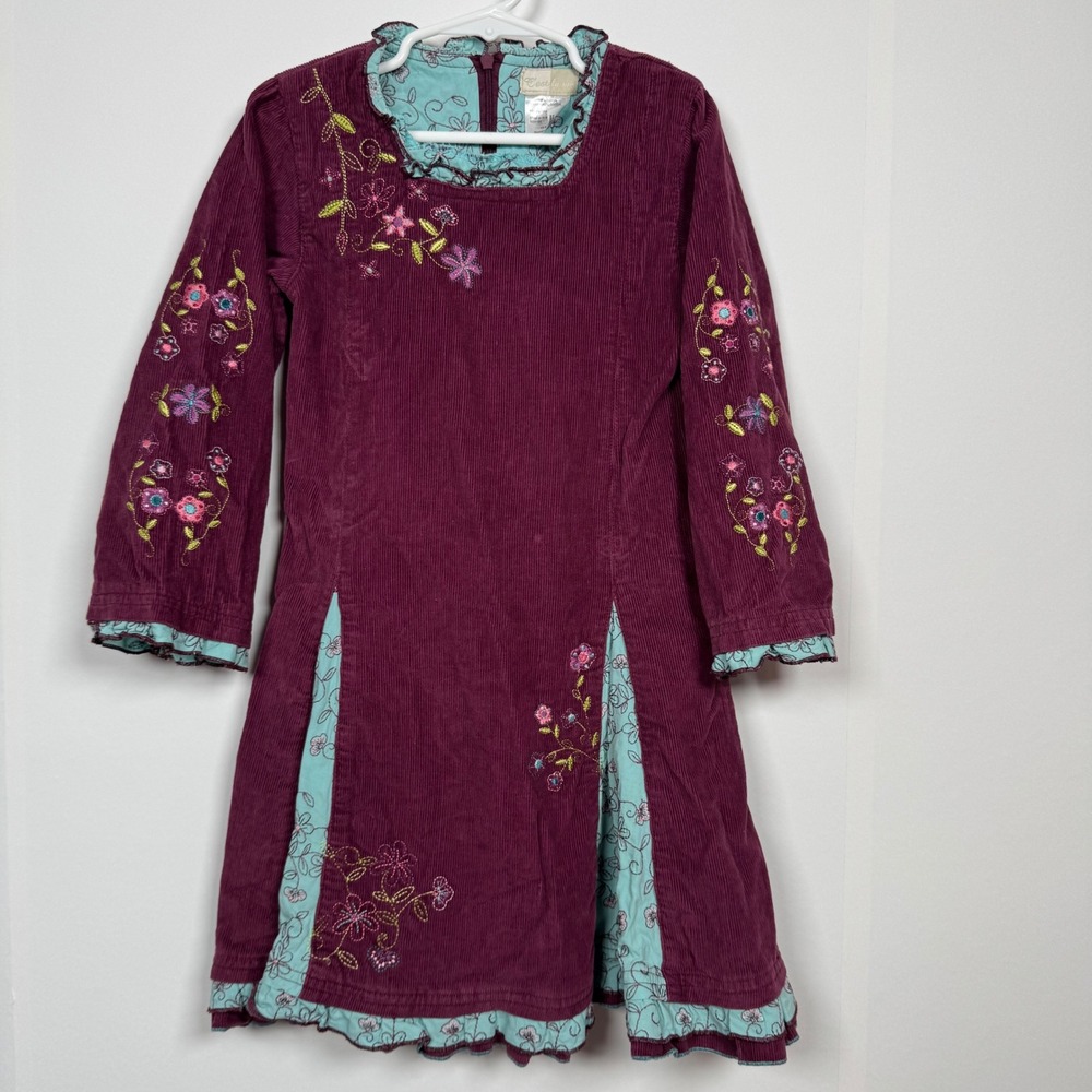 Cest La Vie Girl 6X Purple Teal Corduroy Floral Embroidery Ruffle Boho Cottage